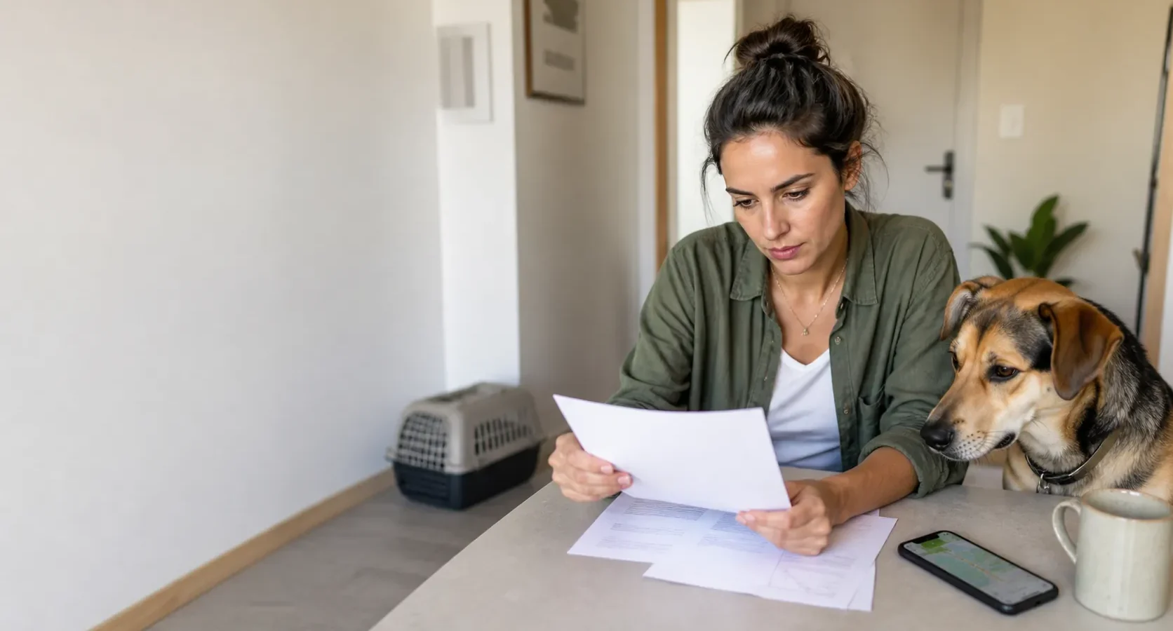 Tutora comparando informações de plano de saúde pet antes de contratar.