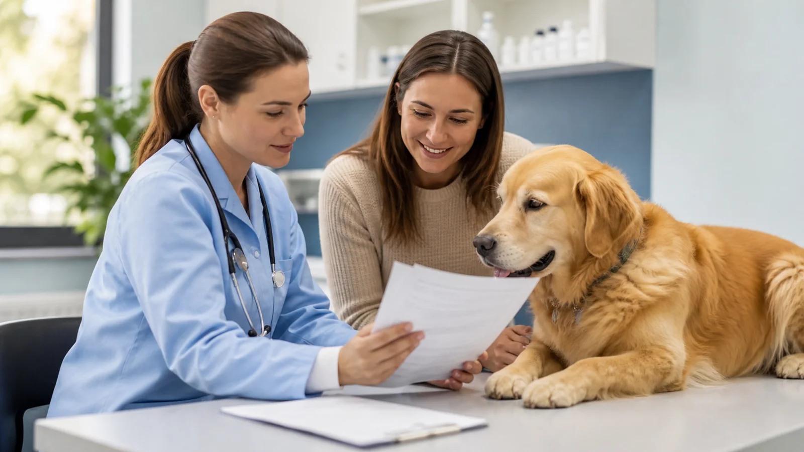 Veterinária revisando orientações para exames com tutora e cão.