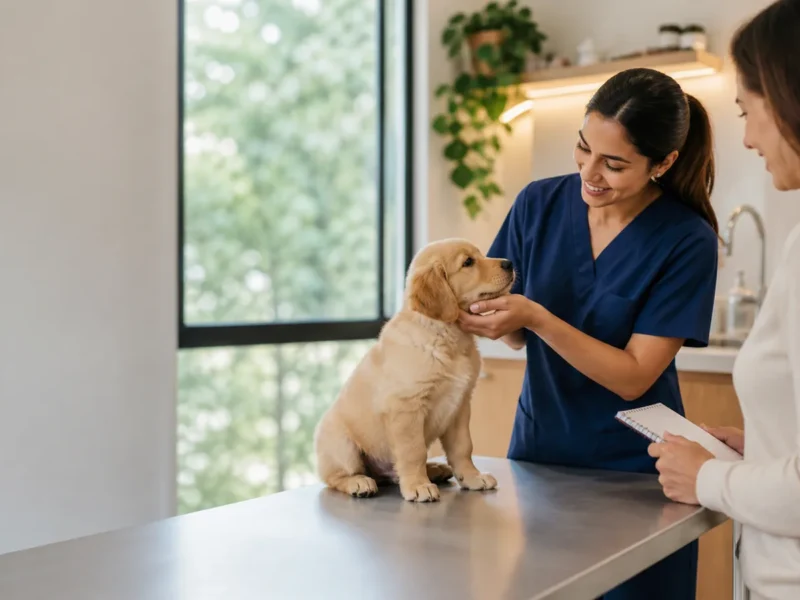 Veterinária recebendo filhote e tutor na primeira consulta veterinária.
