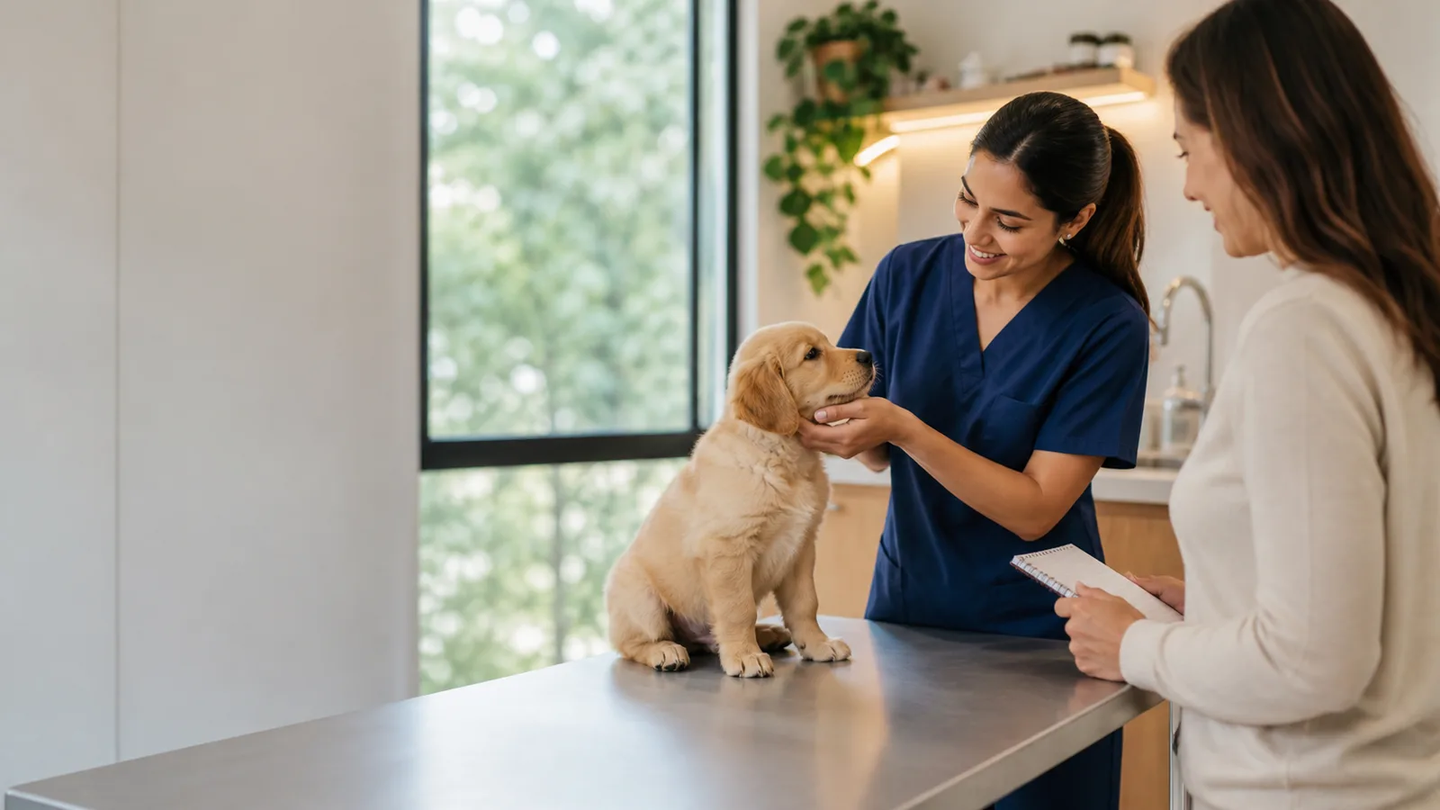 Veterinária recebendo filhote e tutor na primeira consulta veterinária.