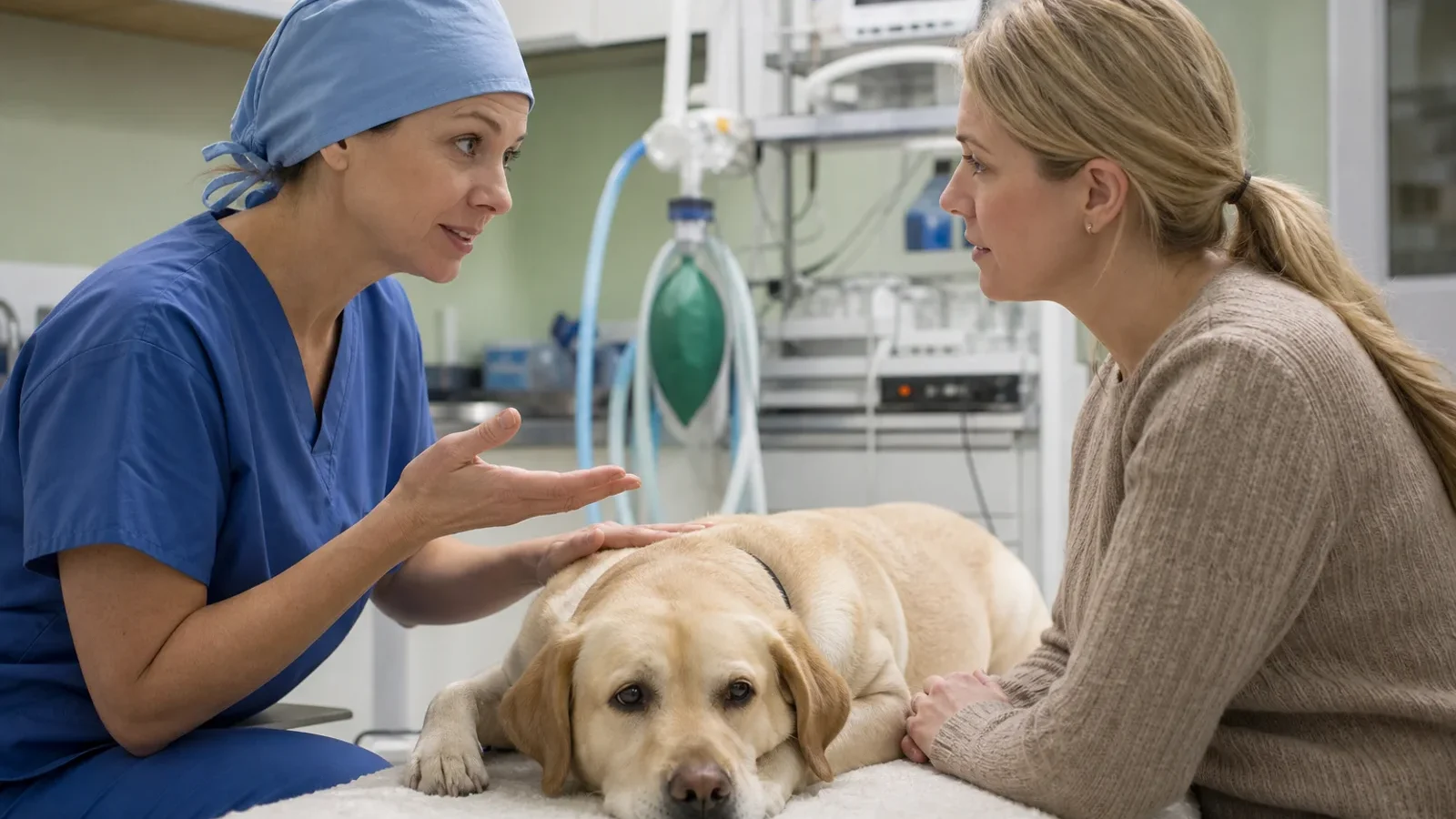 Veterinária explicando preparo cirúrgico de cão a tutora.