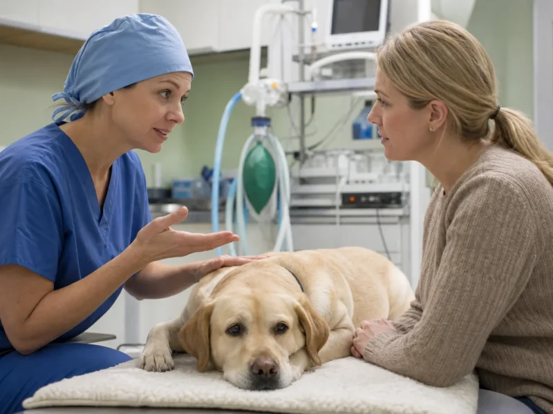 Veterinária explicando preparo cirúrgico de cão a tutora.