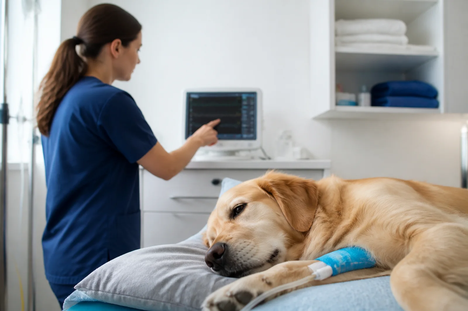 Cão em recuperação monitorada por profissional veterinário.