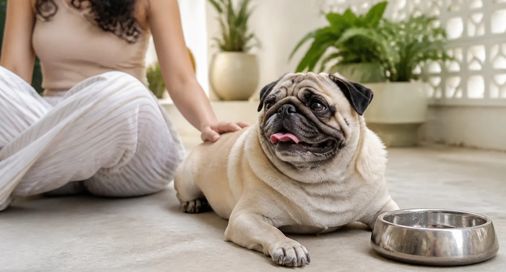 Pug descansando em ambiente interno fresco com água disponível.