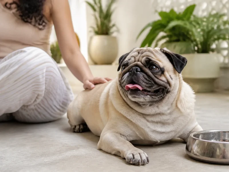 Pug descansando em ambiente interno fresco com água disponível.