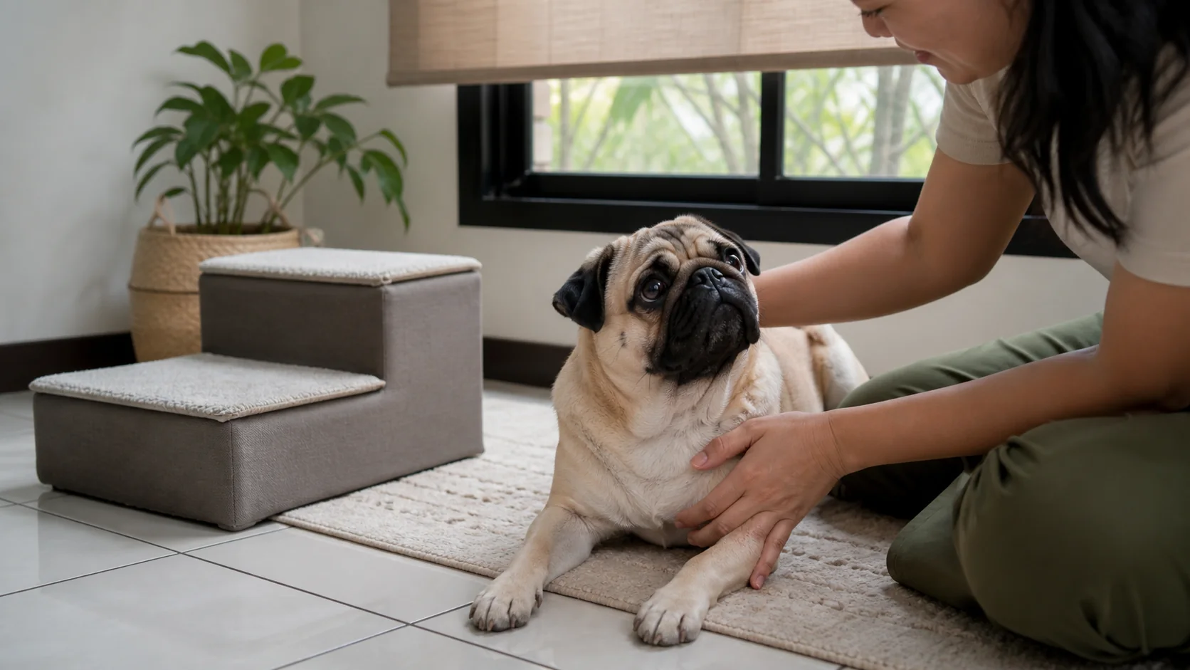 Tutora fazendo carinho em Pug em ambiente interno fresco com degrau baixo.