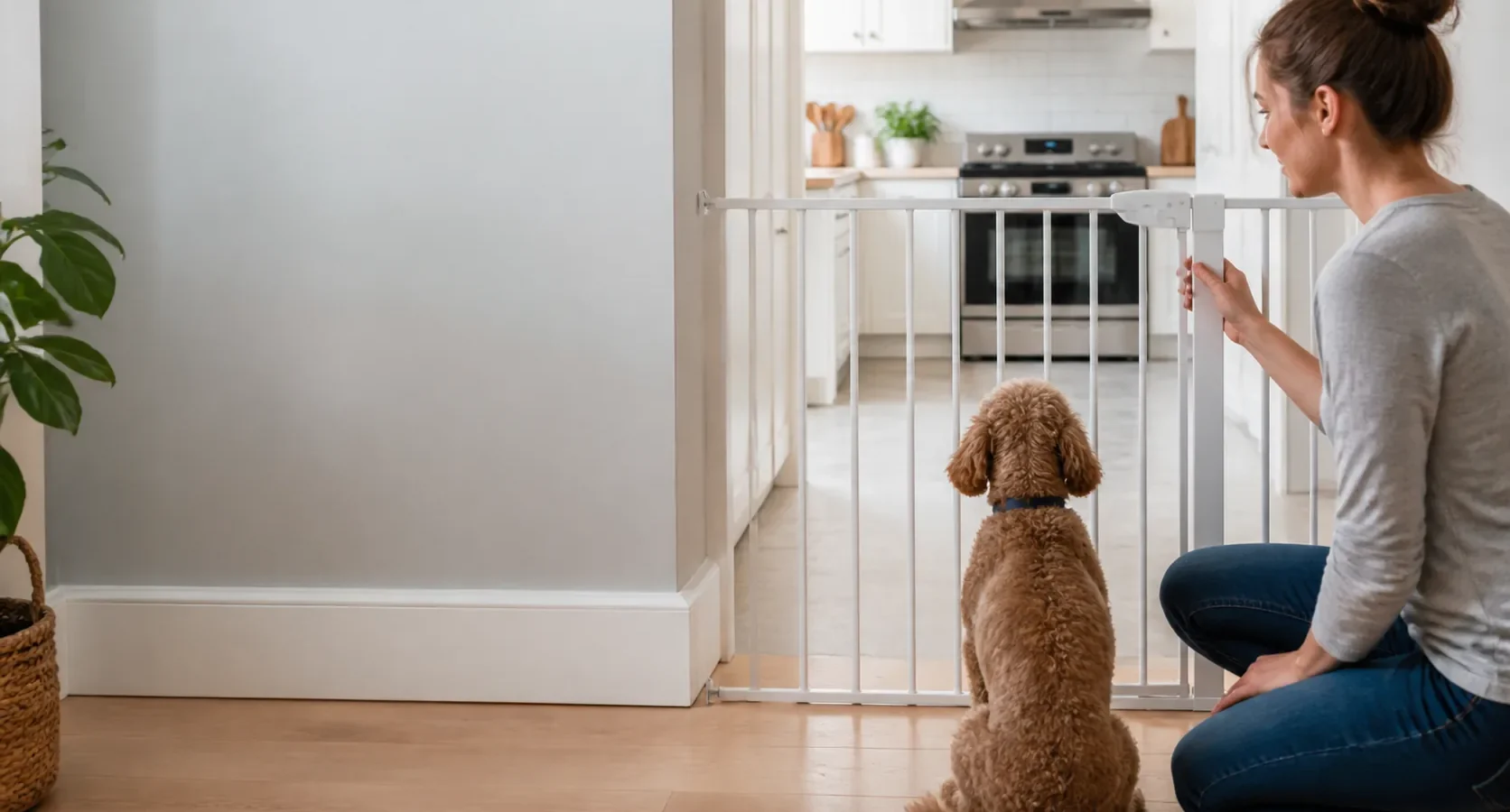 Tutora mantendo um cão longe de uma área quente da cozinha.