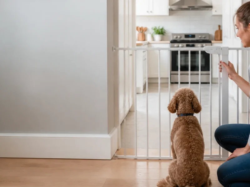 Tutora mantendo um cão longe de uma área quente da cozinha.