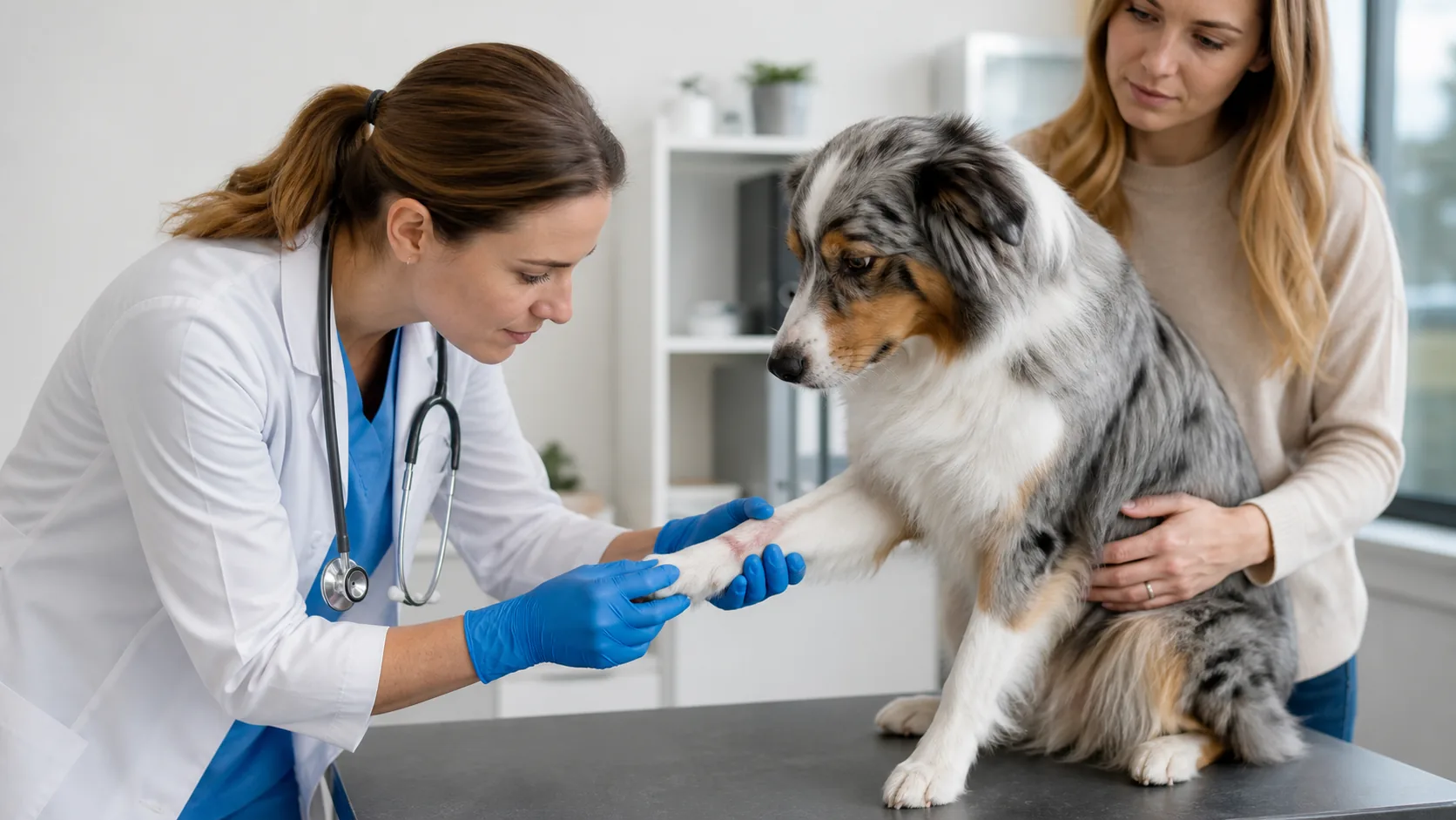 Médica veterinária avaliando a pata de um cão após possível queimadura.