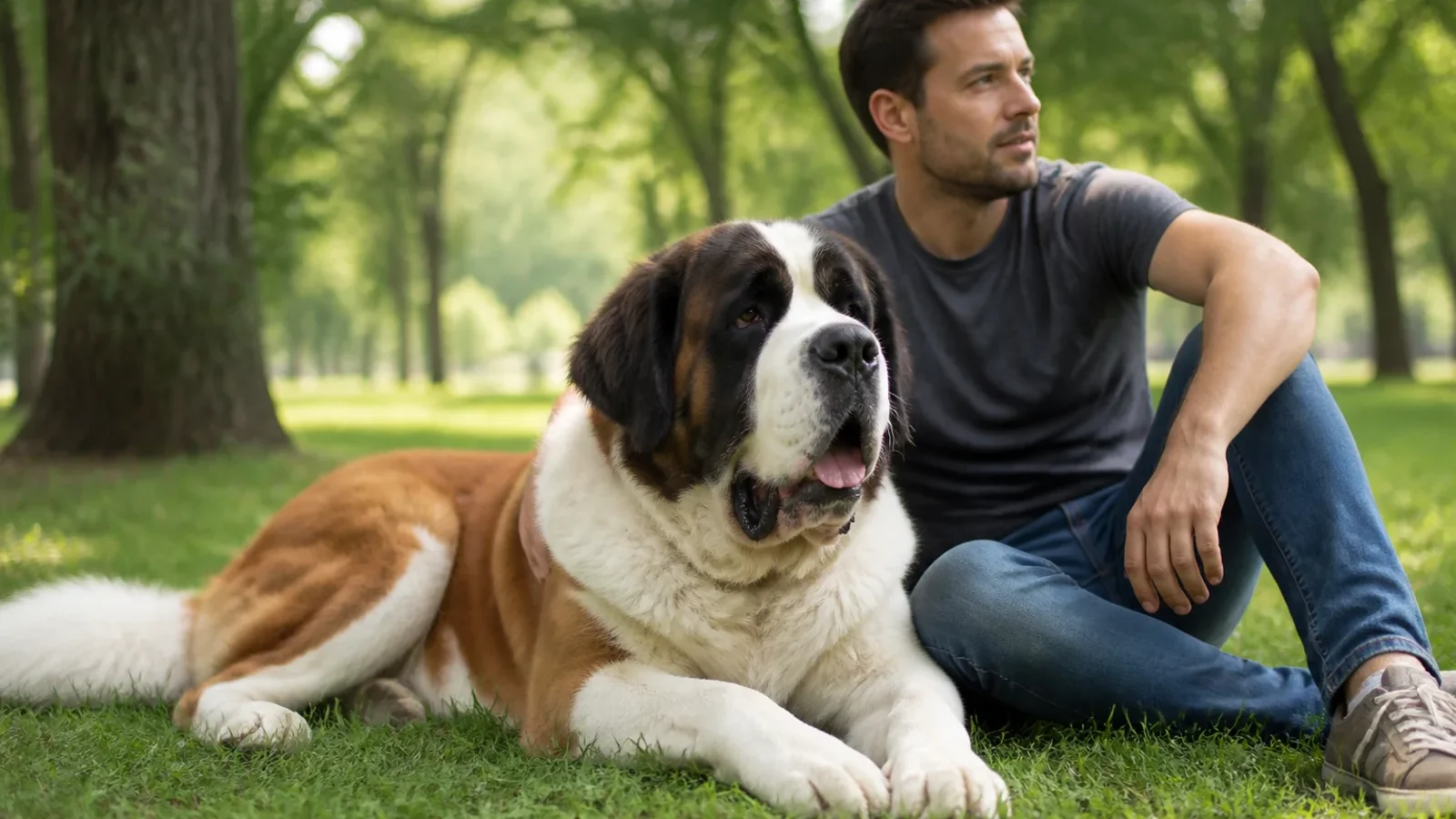 Cão São Bernardo descansando em parque com tutor em dia ameno.