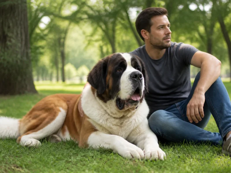 Cão São Bernardo descansando em parque com tutor em dia ameno.