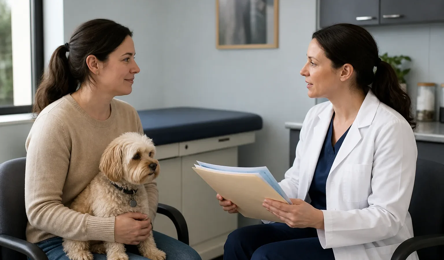 Tutora conversando com veterinária durante consulta de segunda opinião.