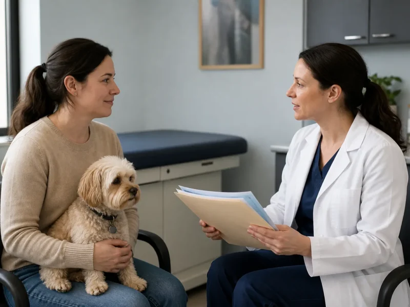 Tutora conversando com veterinária durante consulta de segunda opinião.