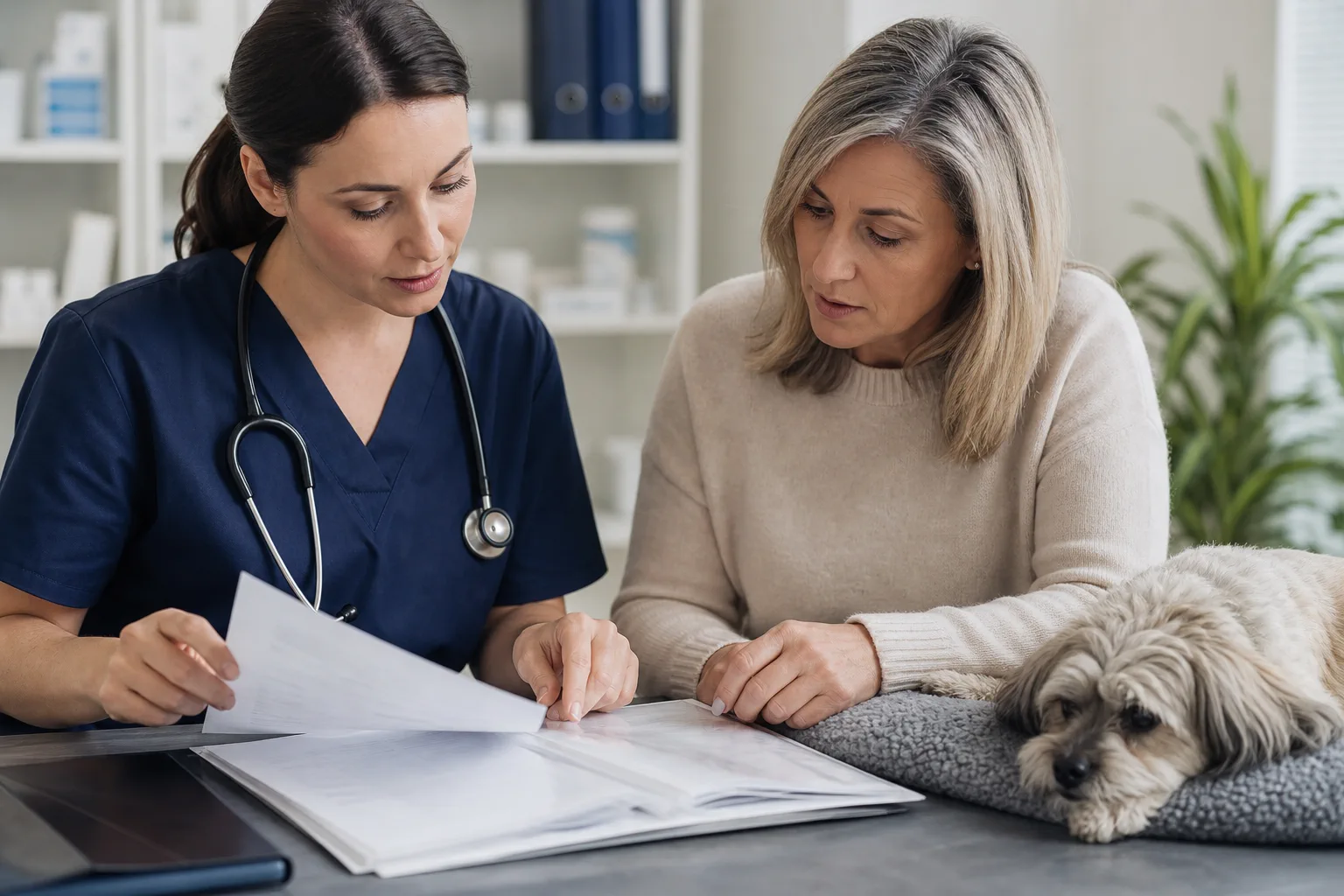 Veterinária e tutora revisando documentos do caso de um cão.