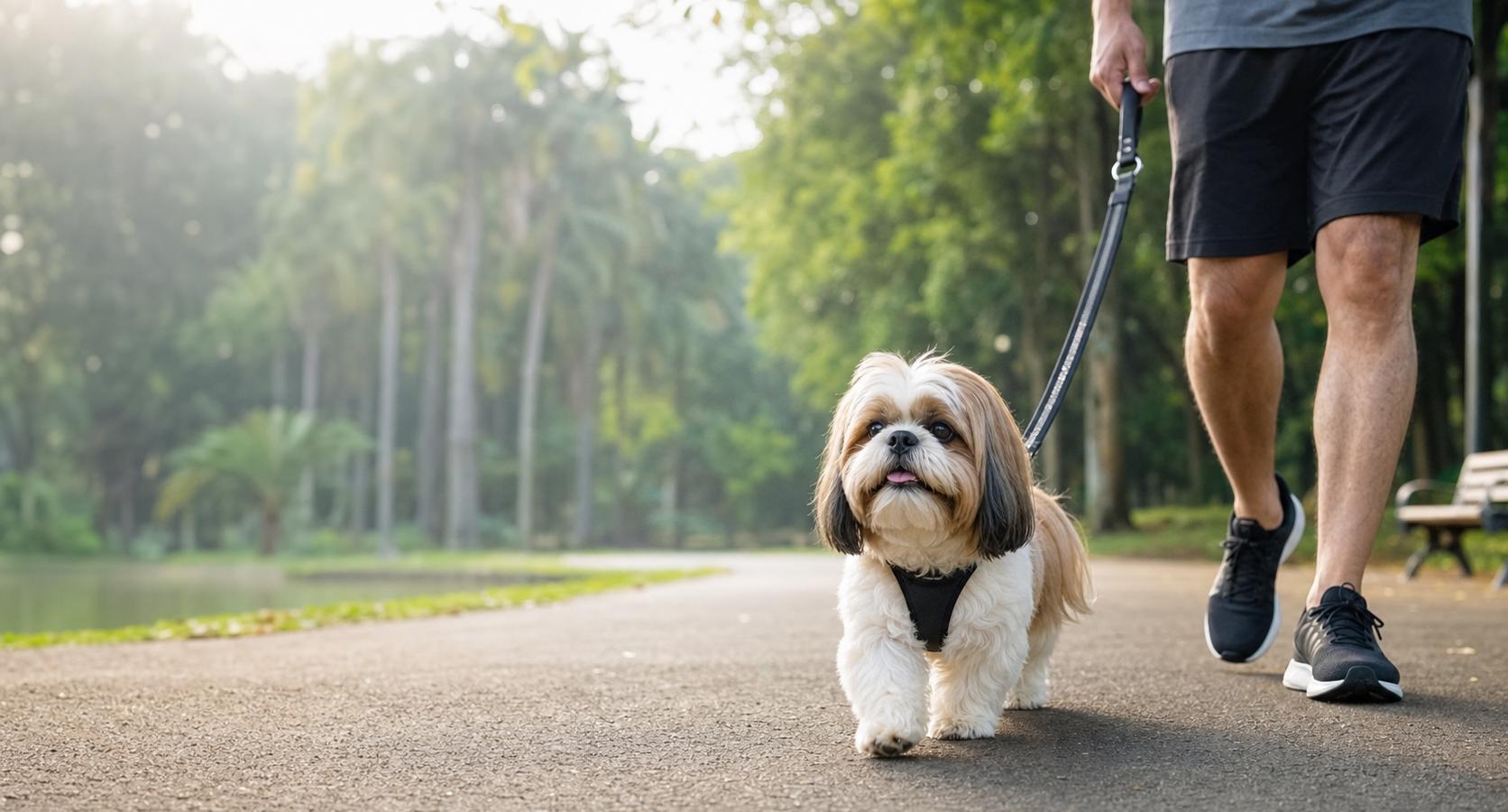 Shih Tzu em passeio com guia e peitoral durante rotina de cuidados