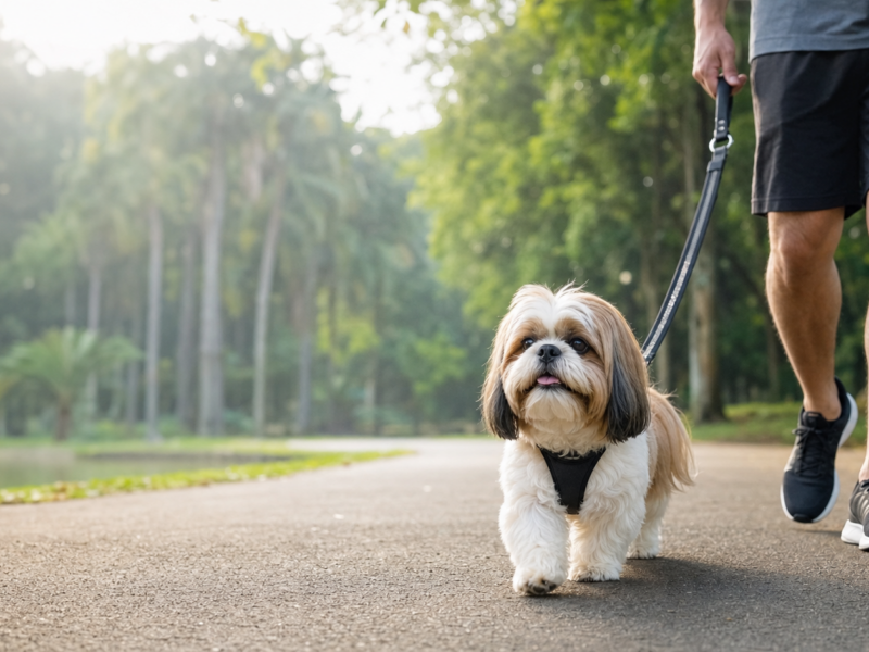 Shih Tzu em passeio com guia e peitoral durante rotina de cuidados