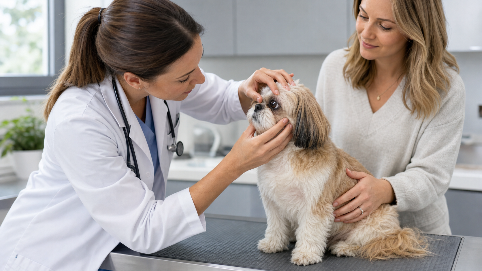 Veterinária realiza observação não invasiva dos olhos de um Shih Tzu com a tutora presente