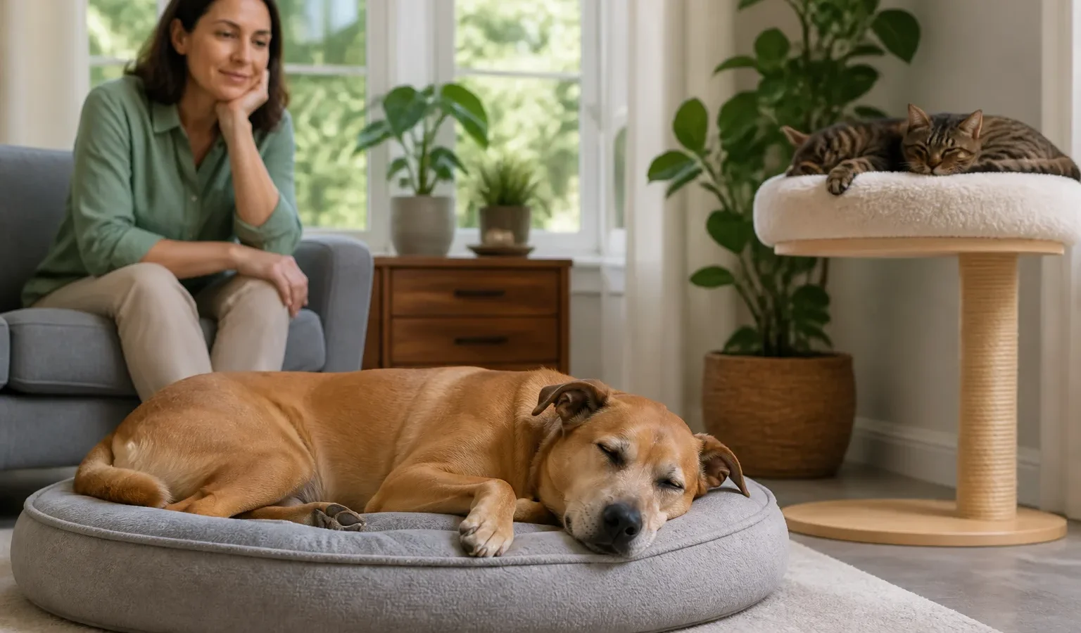 Cão e gato descansando em ambiente doméstico tranquilo.