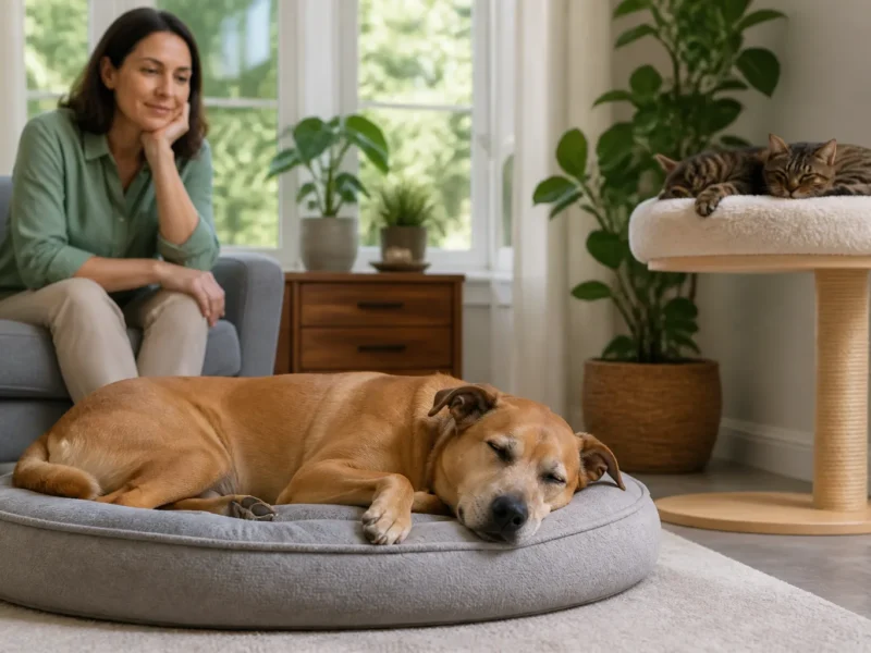 Cão e gato descansando em ambiente doméstico tranquilo.