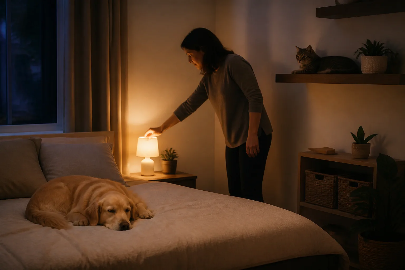 Tutora reduzindo a luz em ambiente seguro para a rotina de descanso dos pets.