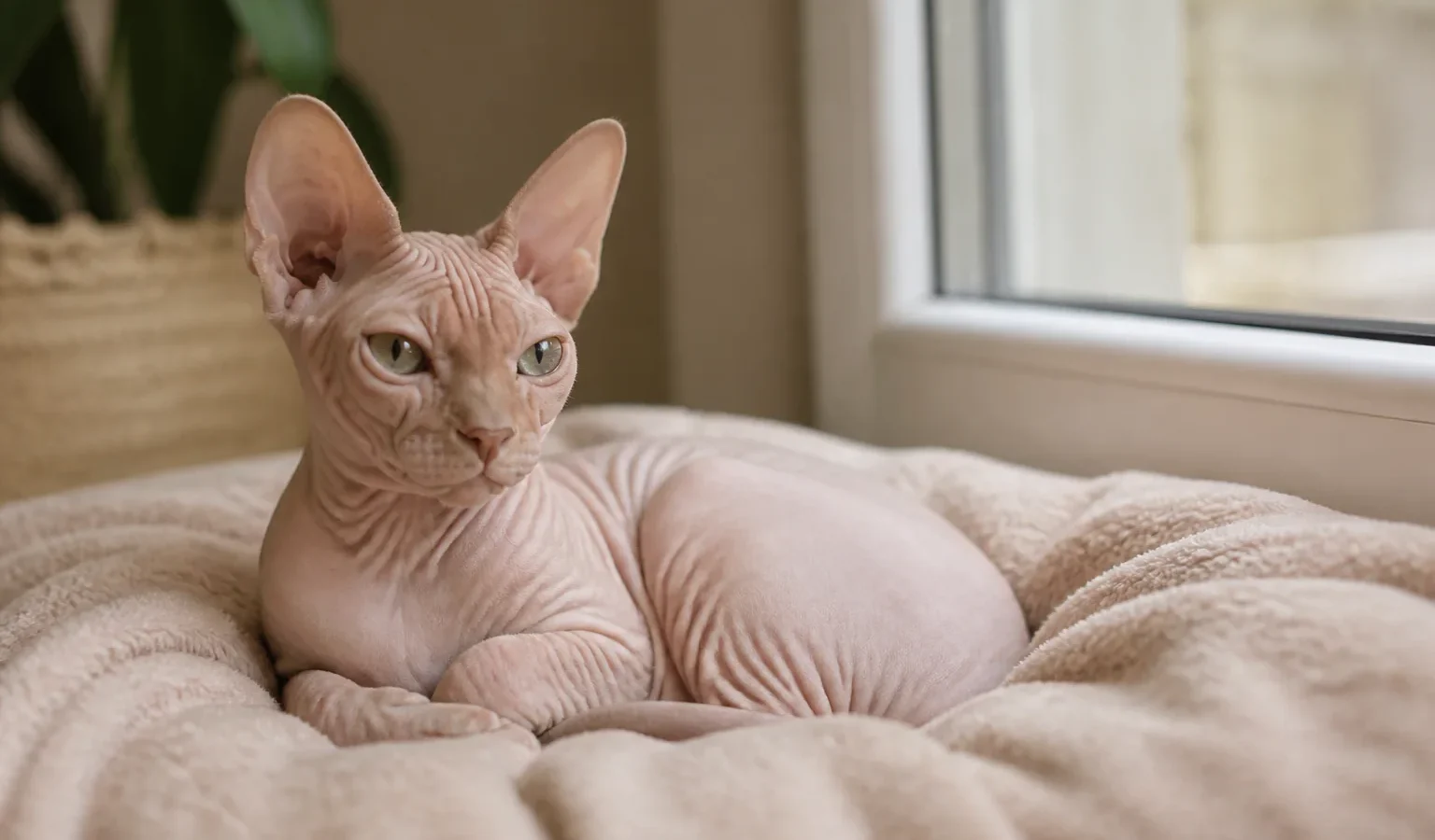 Gato Sphynx descansando em manta em ambiente interno protegido.