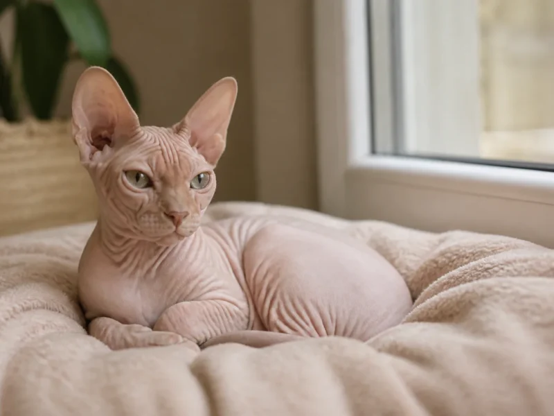 Gato Sphynx descansando em manta em ambiente interno protegido.