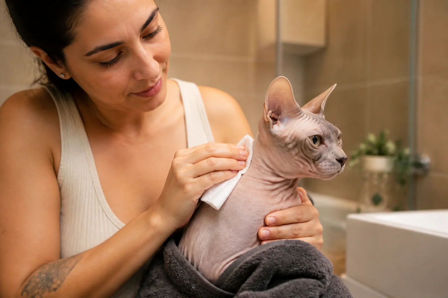Tutora fazendo higiene suave nas dobras da pele de um gato Sphynx.