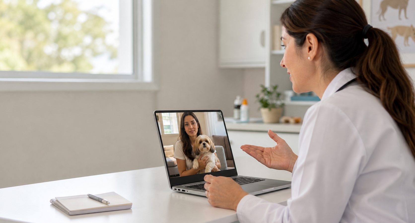 Veterinária conversa por vídeo com tutora e cão para orientação inicial