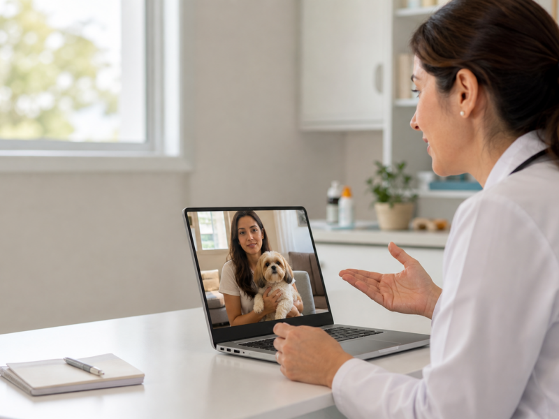 Veterinária conversa por vídeo com tutora e cão para orientação inicial