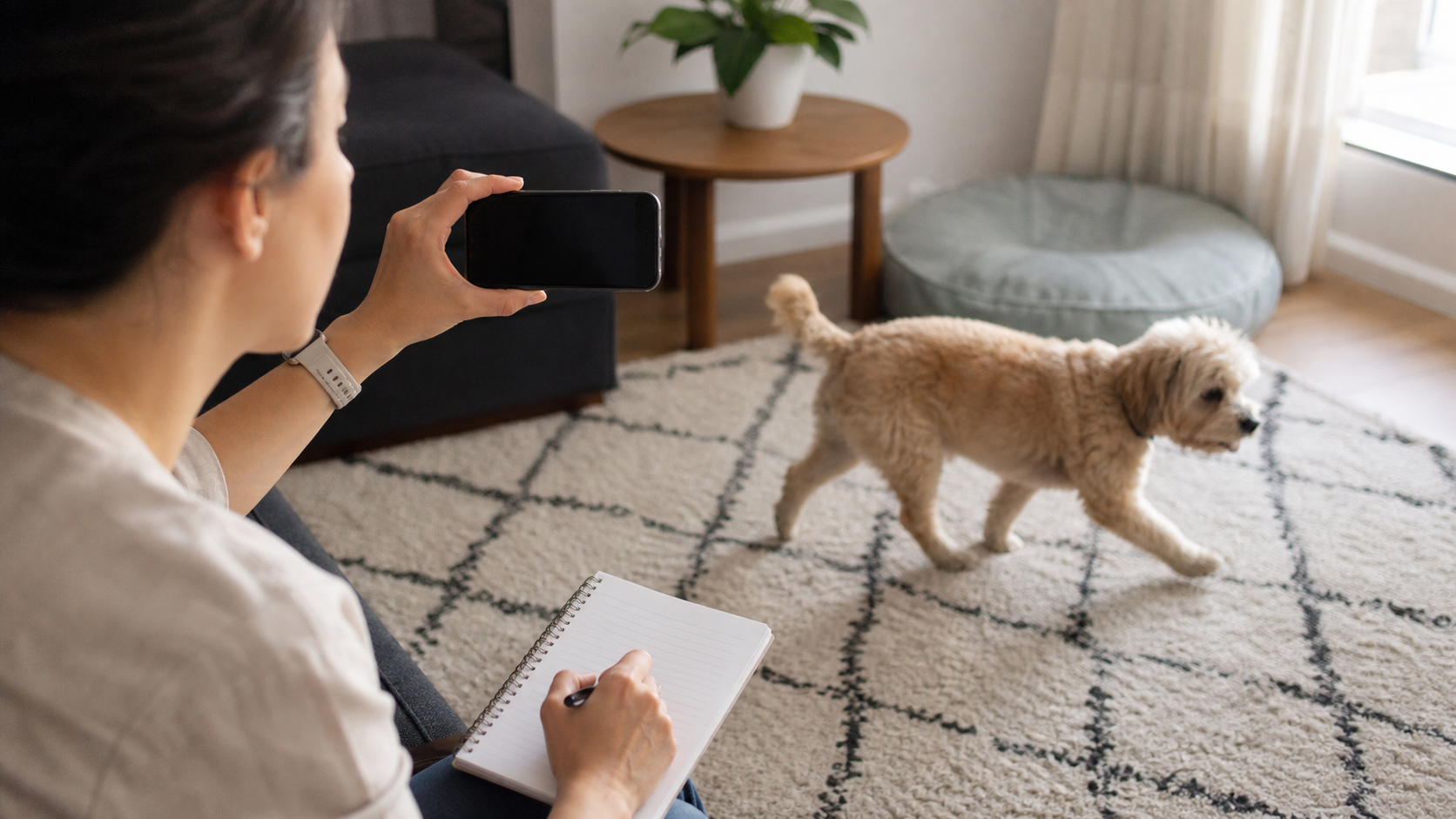 Tutora grava vídeo da caminhada do cão e anota informações para orientar uma conversa veterinária