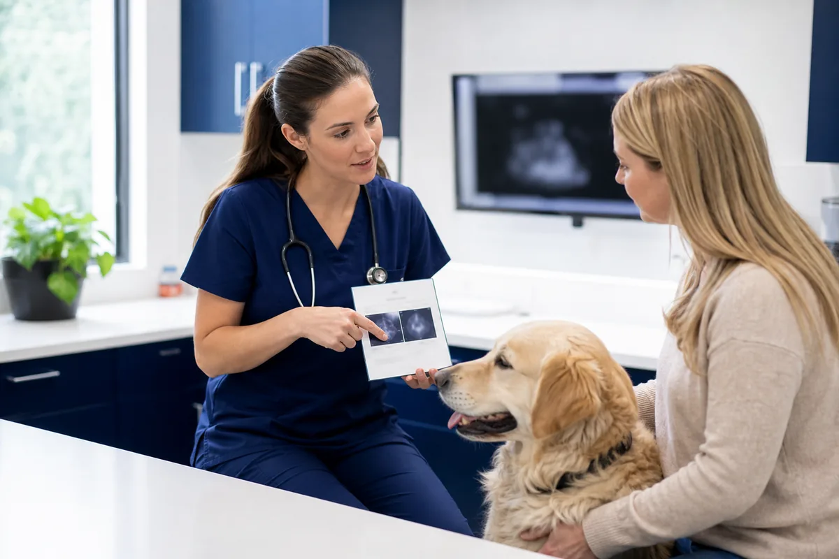 Veterinária explica opções de exames de imagem para tutora e seu cão