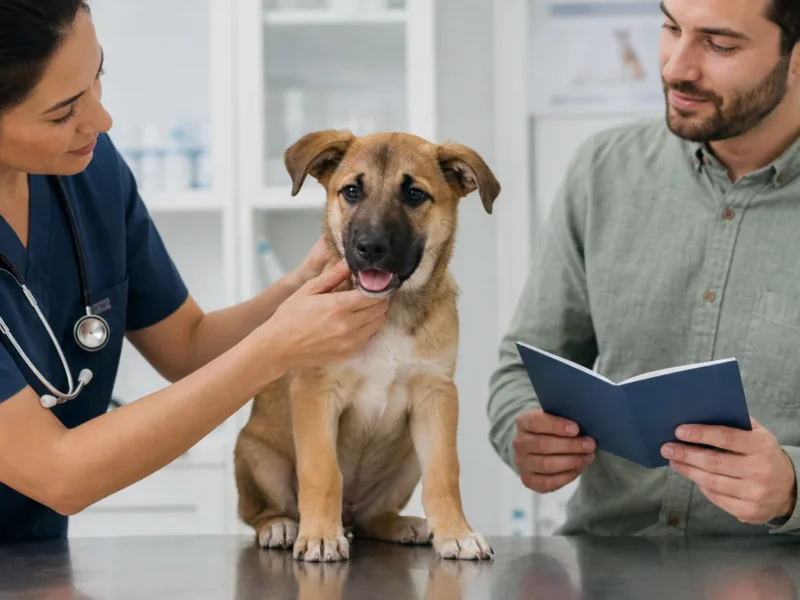 Filhote em consulta preventiva com veterinária e tutora.