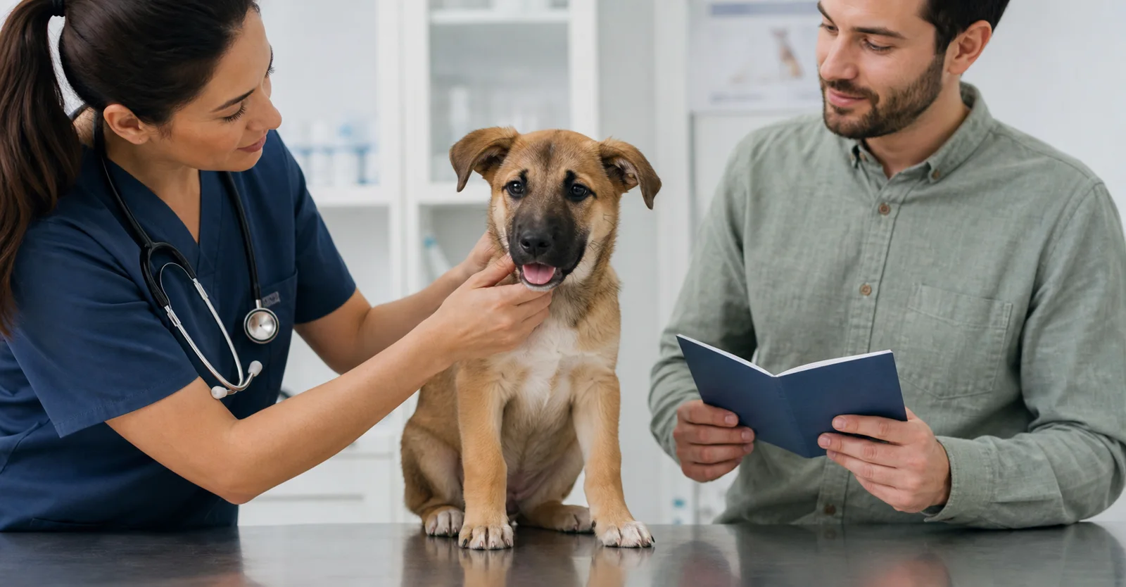 Filhote em consulta preventiva com veterinária e tutora.