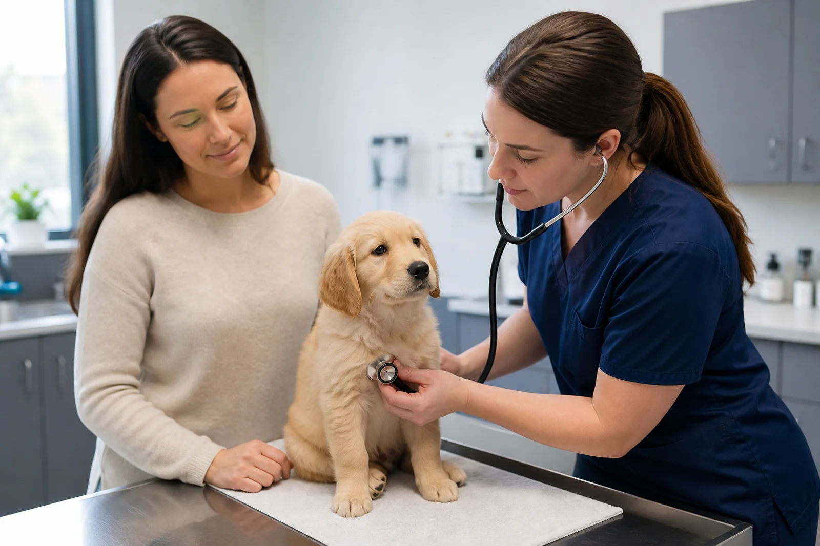 Veterinária examinando filhote antes de organizar o plano preventivo.