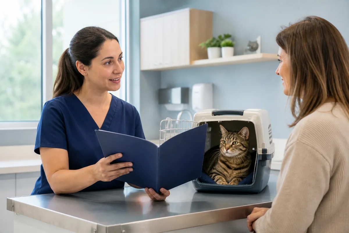 Orientação veterinária sobre vacinas para gatos Veterinária orienta tutora sobre histórico de vacinas de uma gata em consulta
