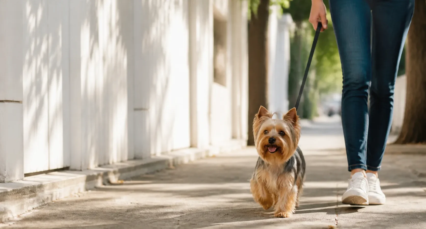 Yorkshire Terrier caminhando com a tutora em passeio tranquilo.