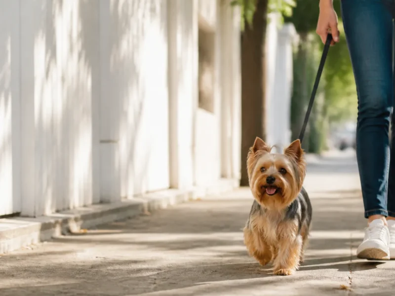 Yorkshire Terrier caminhando com a tutora em passeio tranquilo.