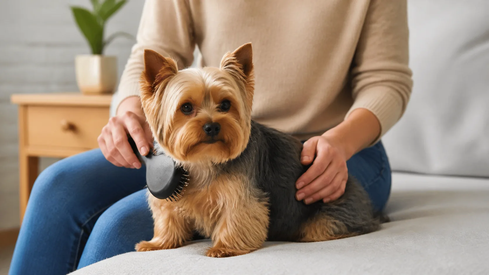 Yorkshire Terrier recebendo escovação suave em ambiente doméstico.