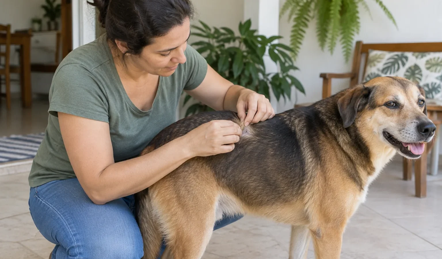 Tutora observando a pele do dorso de um cão adulto em casa.