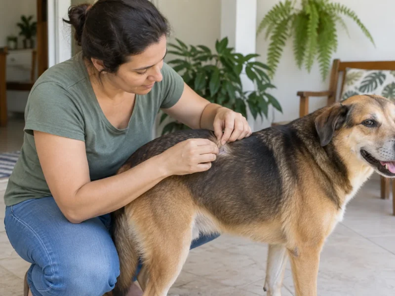 Tutora observando a pele do dorso de um cão adulto em casa.