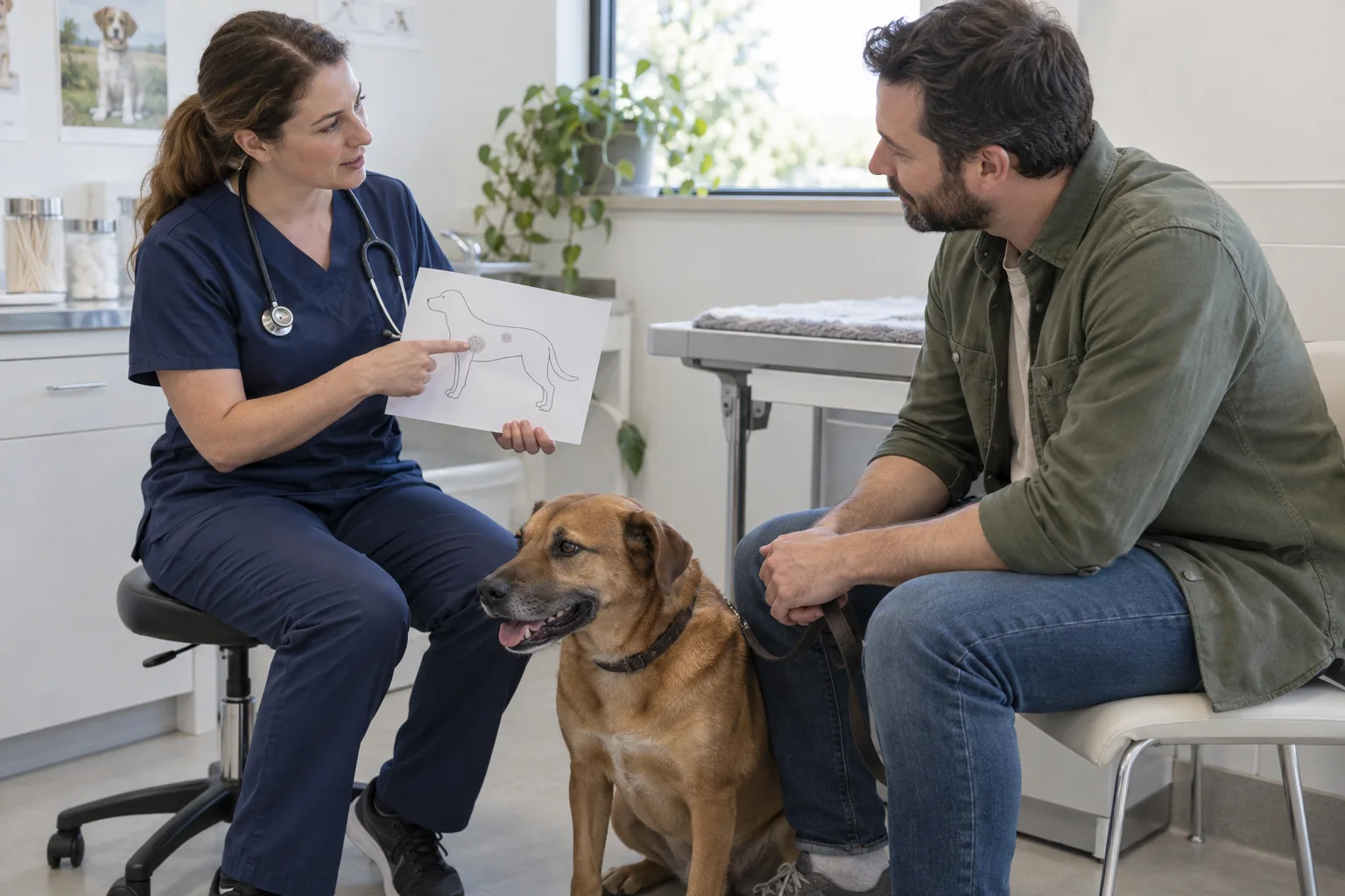 Veterinária e tutor conversando sobre uma alteração na pele de um cão.