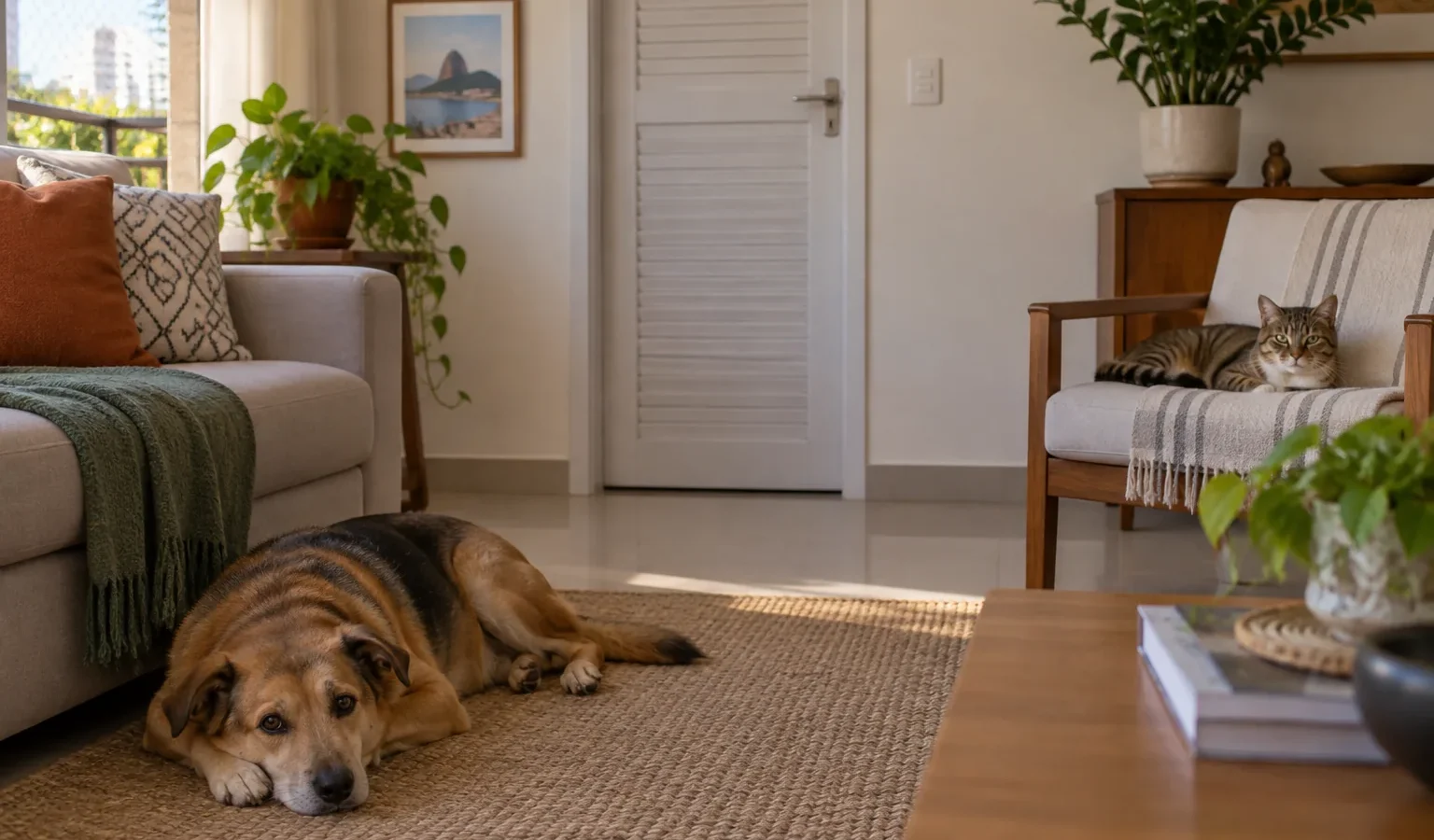 Cão e gato descansando em sala organizada e separada da área de limpeza.