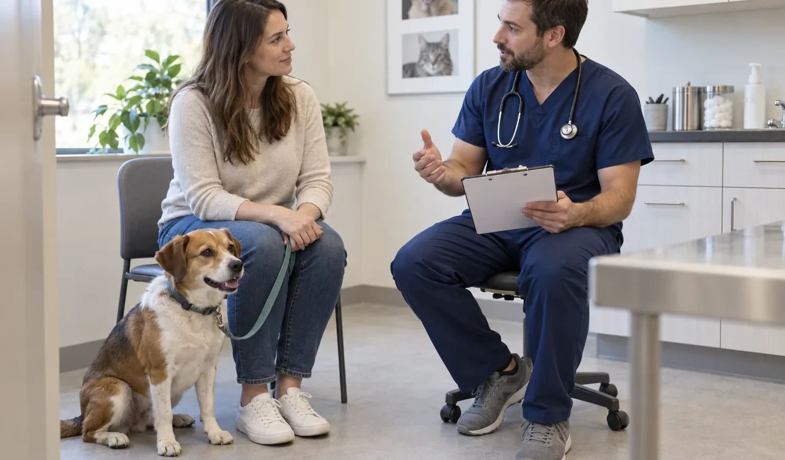 Tutora recebendo orientações veterinárias antes de levar o cão para casa.