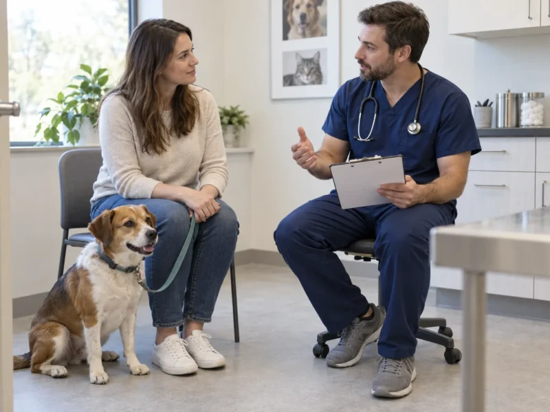 Tutora recebendo orientações veterinárias antes de levar o cão para casa.