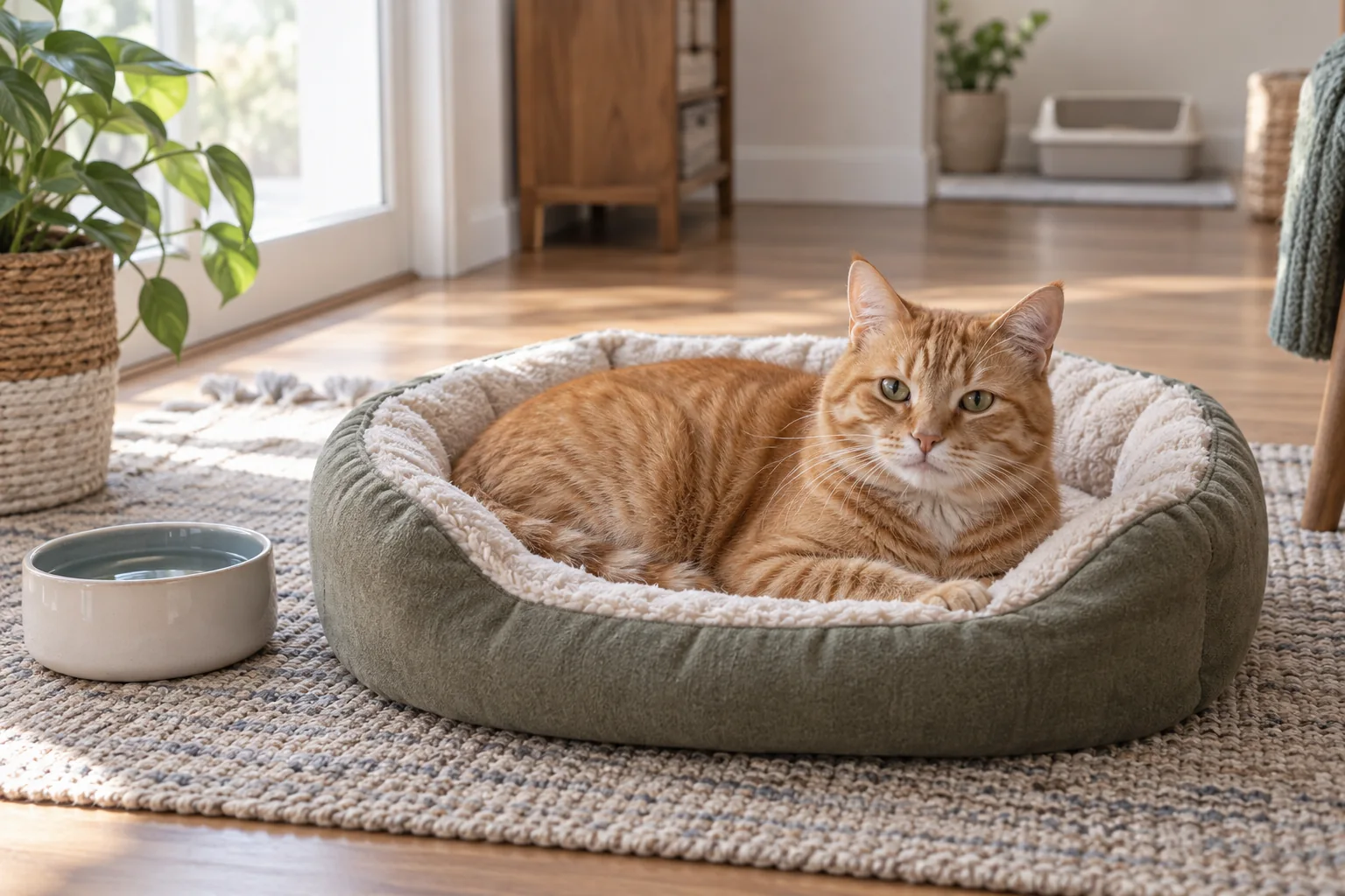 Gato descansando em cama de fácil acesso em um ambiente doméstico tranquilo.