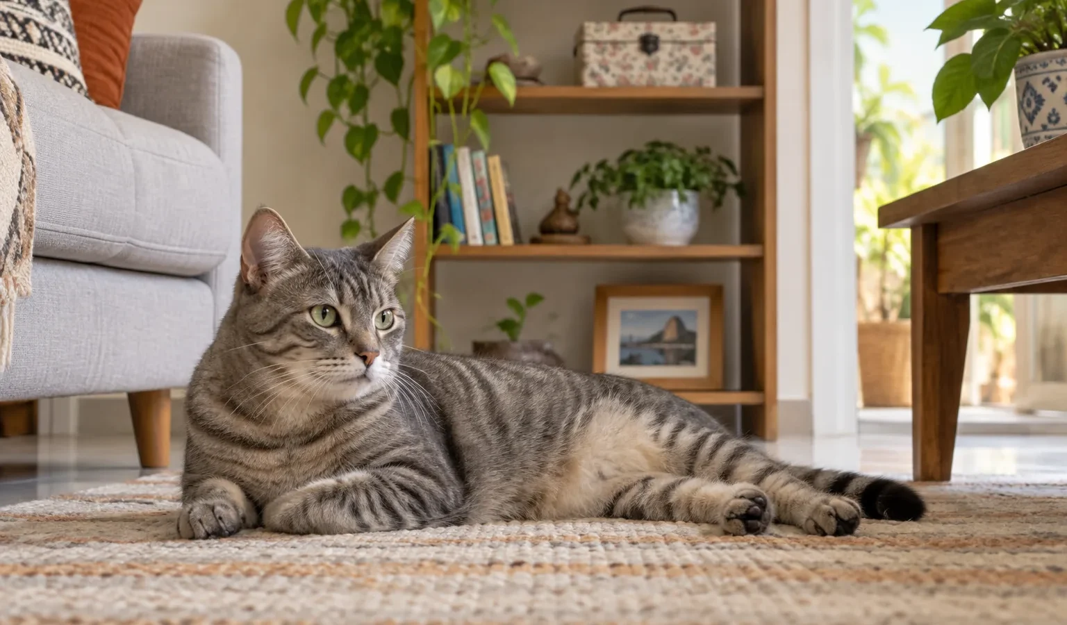 Gato em sala doméstica com materiais de costura guardados fora de seu alcance.
