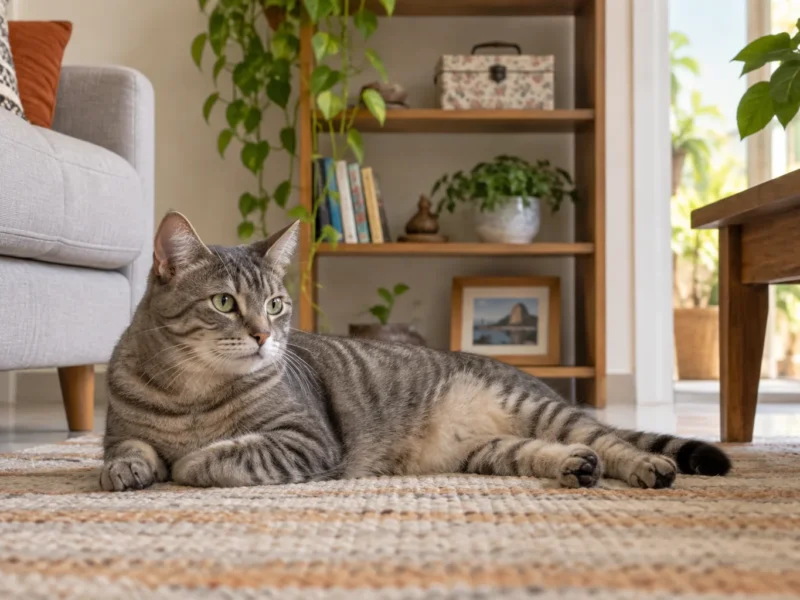 Gato em sala doméstica com materiais de costura guardados fora de seu alcance.