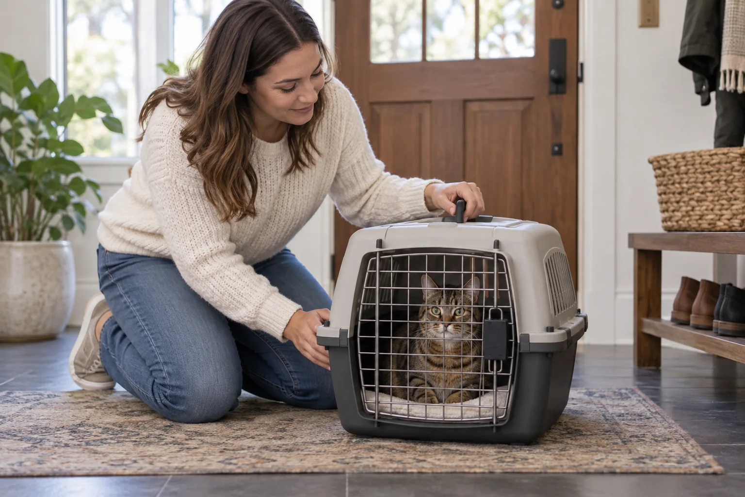 Gato em caixa de transporte segura acompanhado pela tutora.
