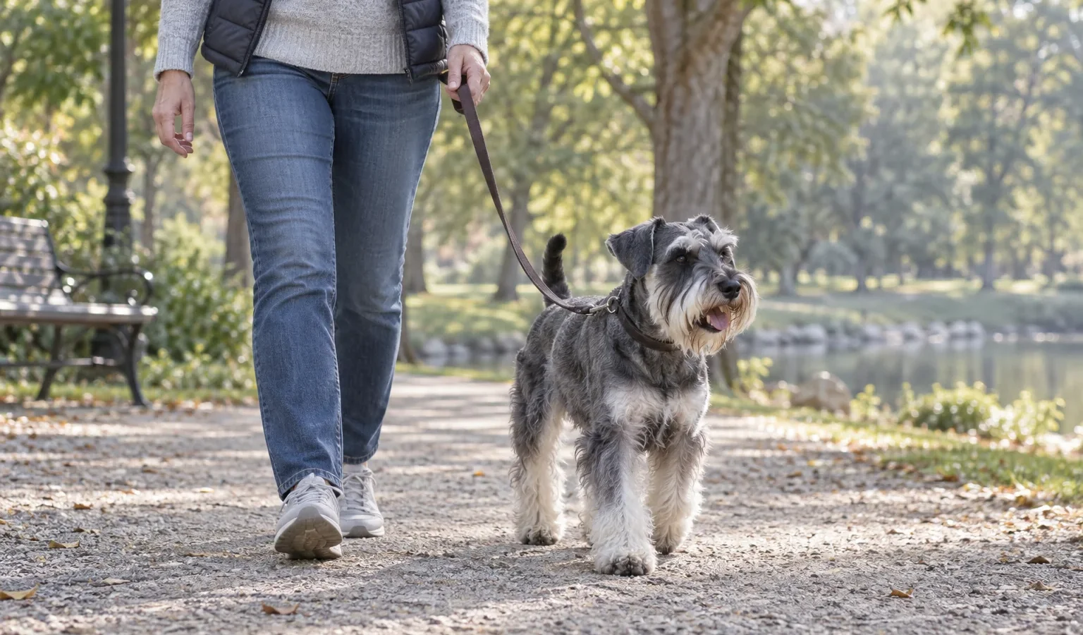 Schnauzer Miniatura sal e pimenta passeando com guia ao lado do tutor.
