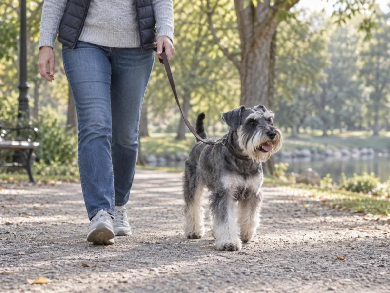 Schnauzer Miniatura sal e pimenta passeando com guia ao lado do tutor.
